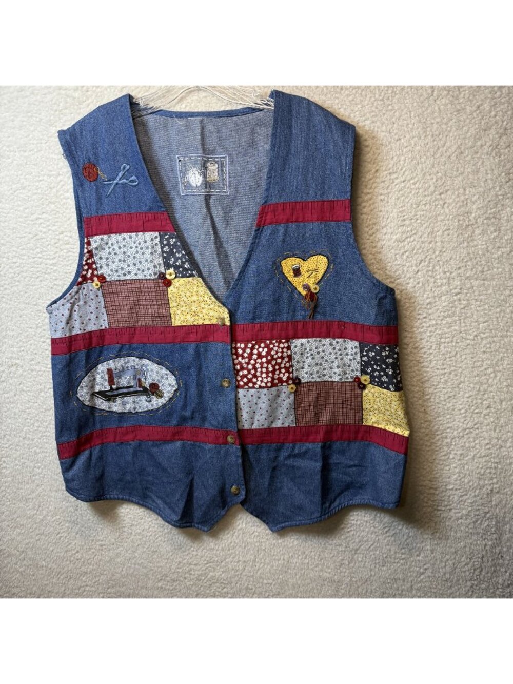 Handmade Denim Patchwork Sewing-Themed Vest Button Details Accents Size XL‎